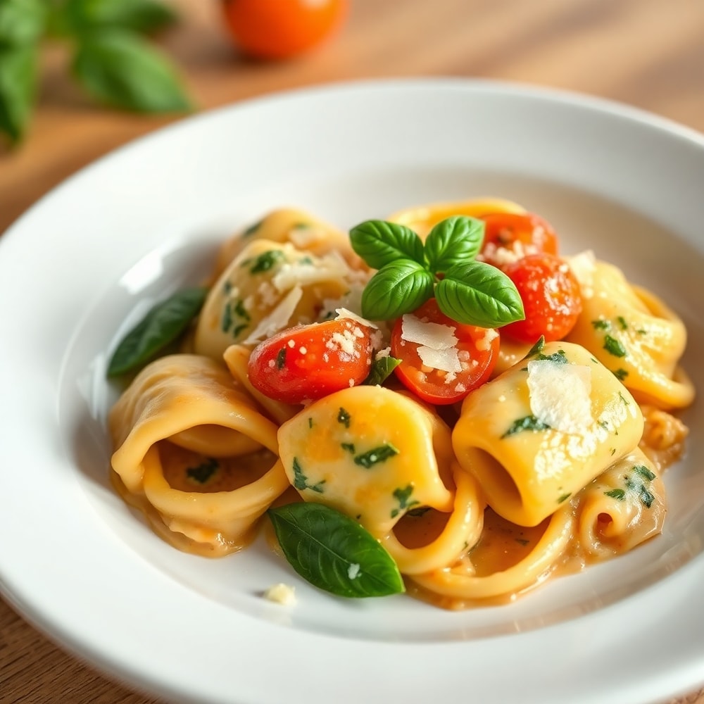Plated creamy spinach tomato tortellini with garlic bread