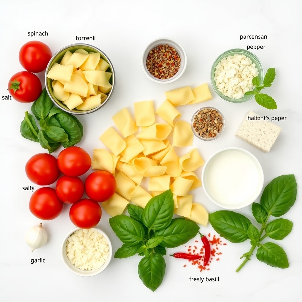 Raw ingredients for creamy spinach tomato tortellini