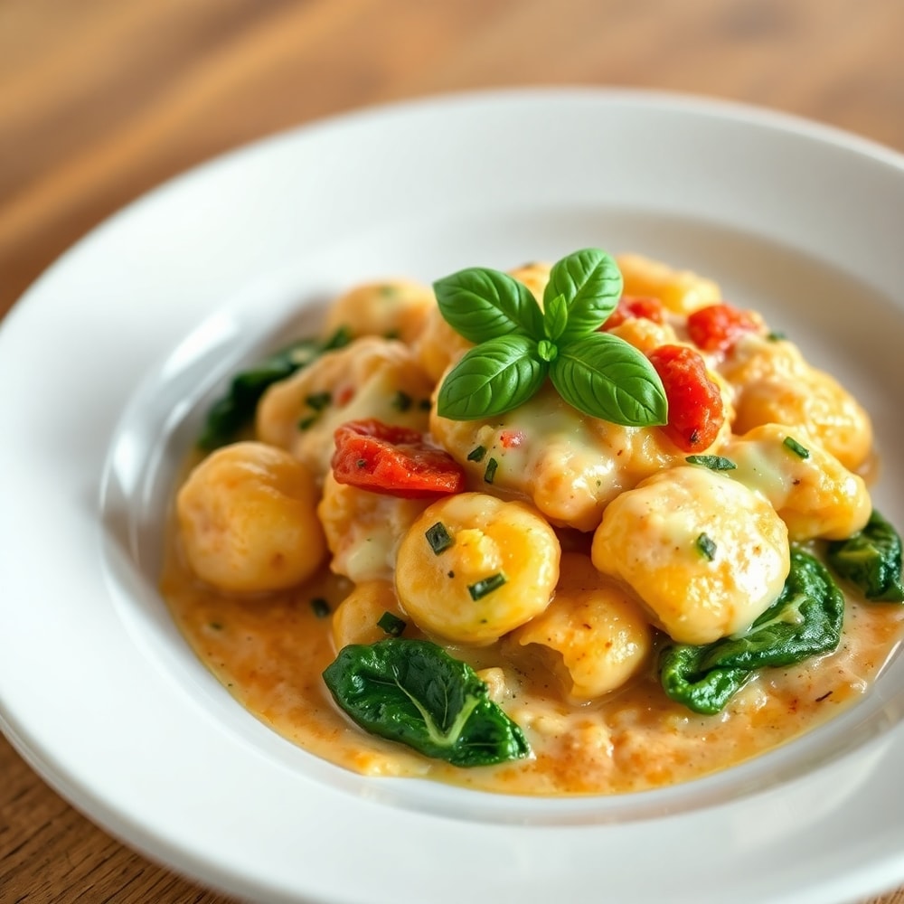 One perfect plated serving of Creamy Sundried Tomato Gnocchi, topped with fresh basil, on a white ceramic plate, close crop, warm side lighting showing melted cheese and spinach, photorealistic food photography, no text, no watermark