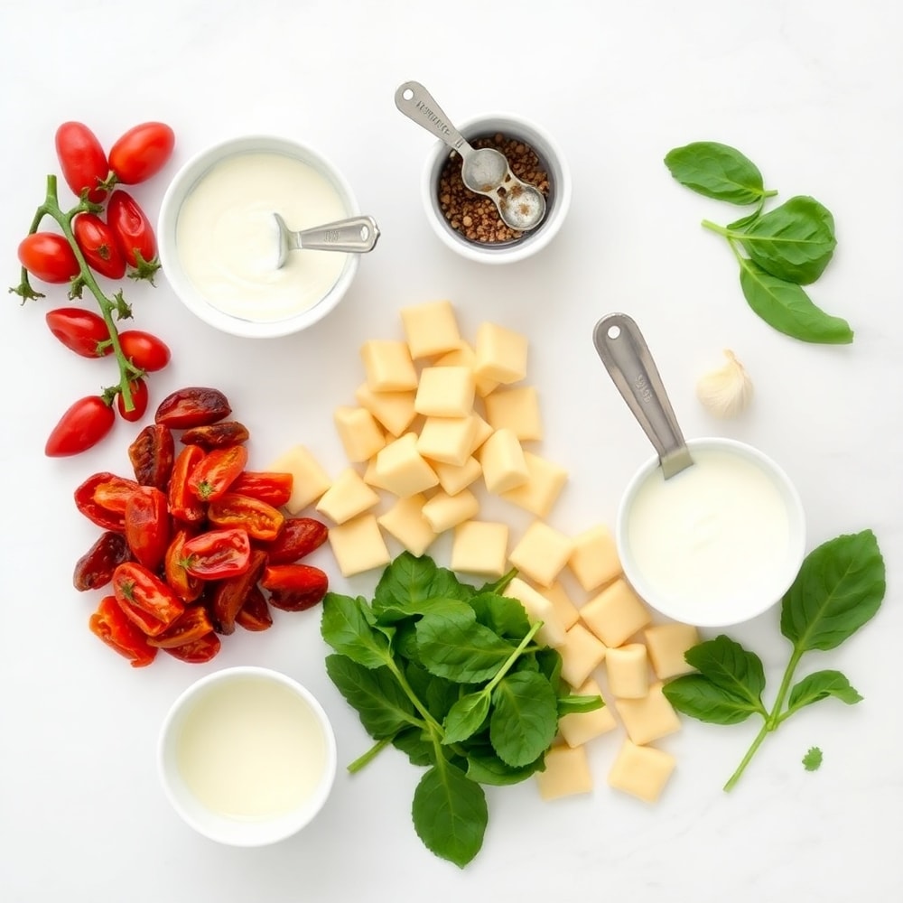 Overhead flat lay of raw ingredients for Creamy Sundried Tomato Gnocchi, including sundried tomatoes, spinach, gnocchi, garlic, and heavy cream, small prep bowls and measuring spoons visible, white marble surface, bright even light, photorealistic overhead food photography, no text, no watermark