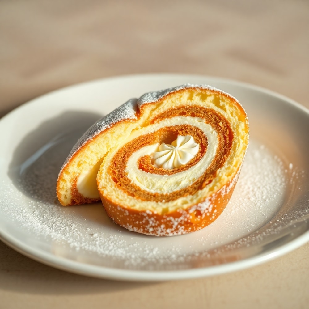 Sliced creamy swirl ice cream bread treat on a plate, warm side lighting