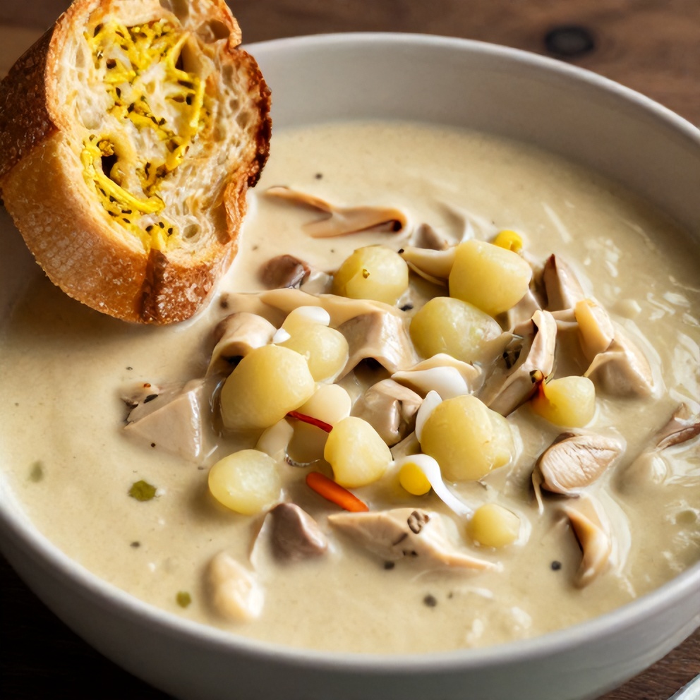Bowl of creamy tuscan chicken potato soup with garlic bread