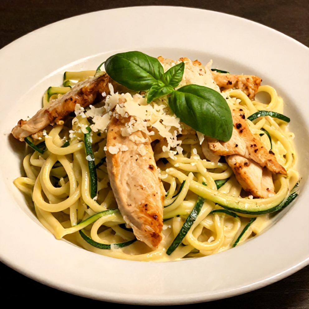 Plated Zucchini Noodle Chicken Alfredo with fresh basil and grated Parmesan