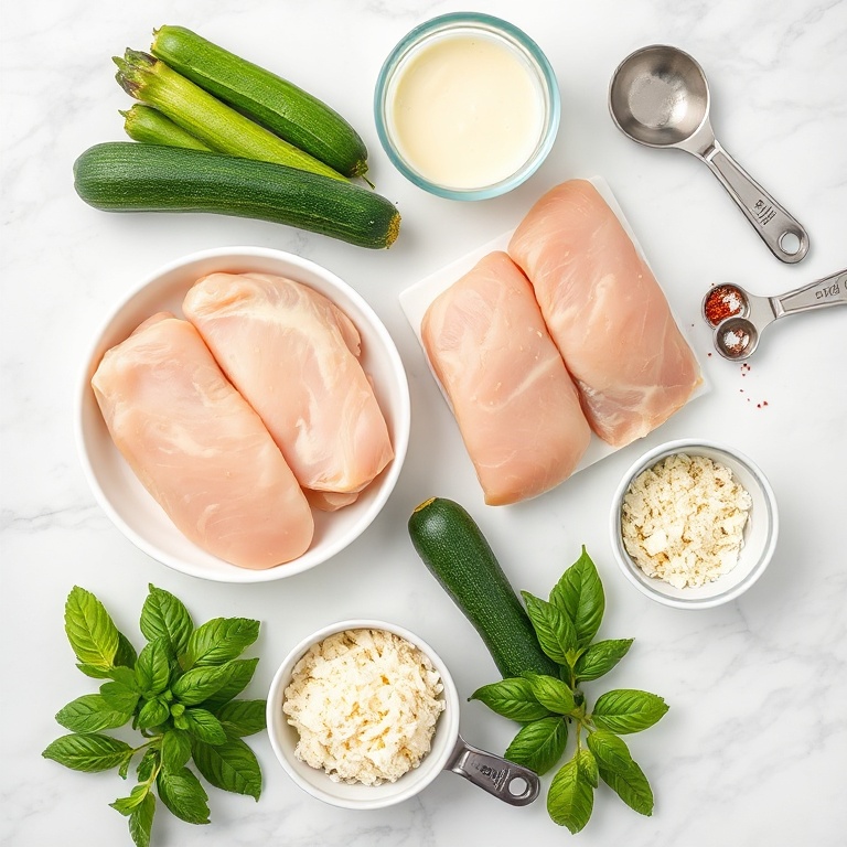 Raw ingredients for Zucchini Noodle Chicken Alfredo on marble surface