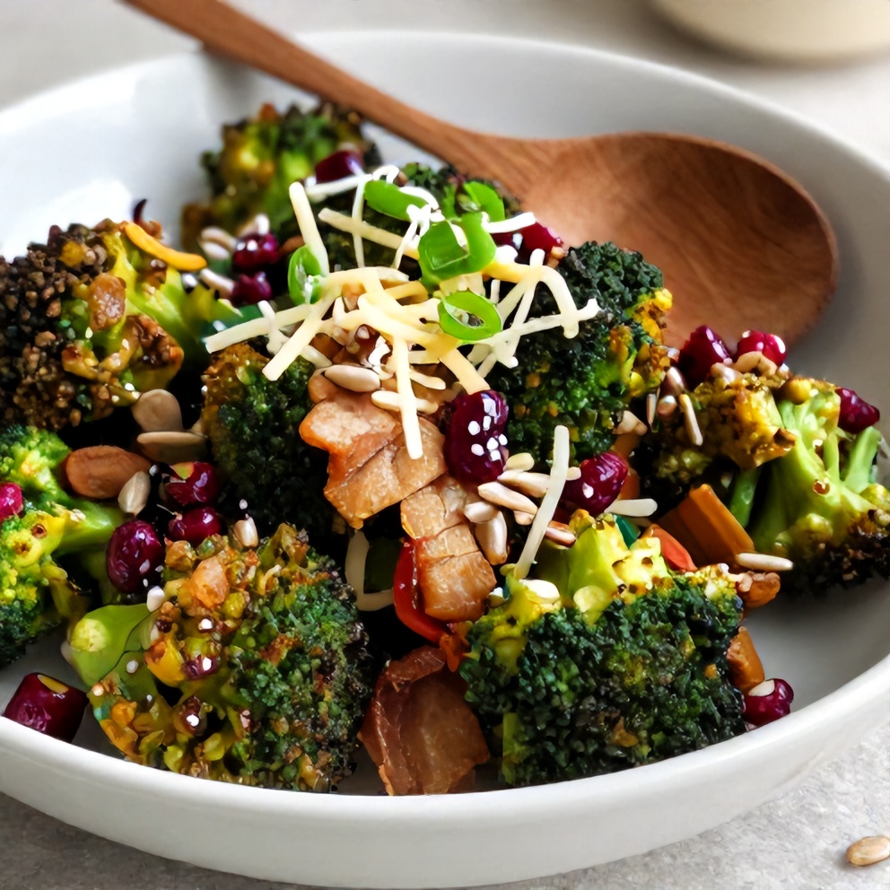 Plated crispy bacon broccoli salad