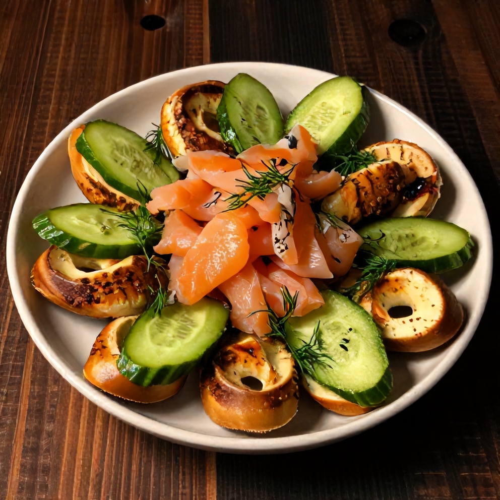 Plated Bagel Cucumber Bites with Smoked Salmon on a dark wooden surface