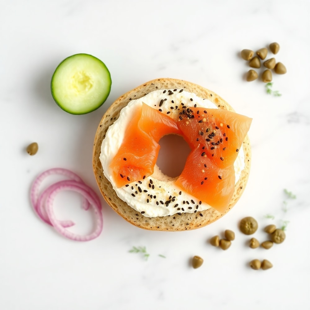 Bagel, cucumber, cream cheese, smoked salmon, red onion, capers, overhead flat lay