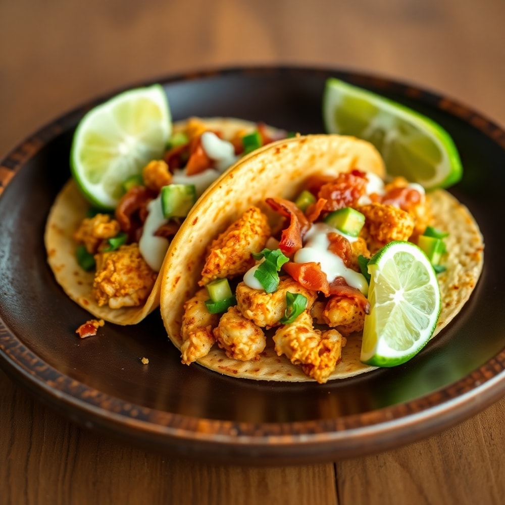 Plated crispy baked chicken bacon ranch tacos with avocado and lime