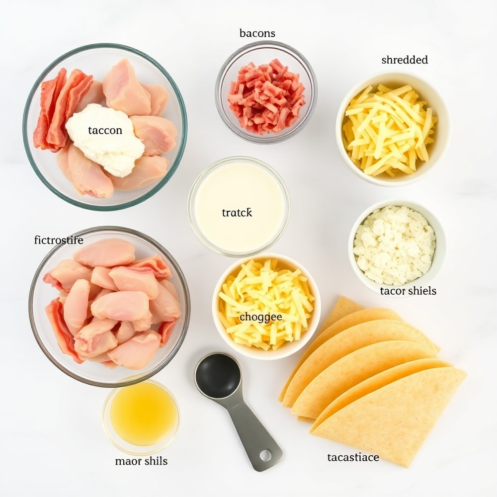 Raw ingredients for crispy baked chicken bacon ranch tacos including chicken, bacon, ranch dressing, and taco shells