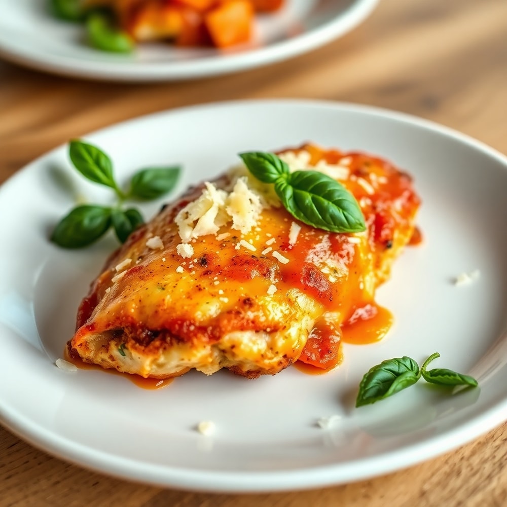 Crispy baked chicken parmesan with parmesan cheese and marinara sauce