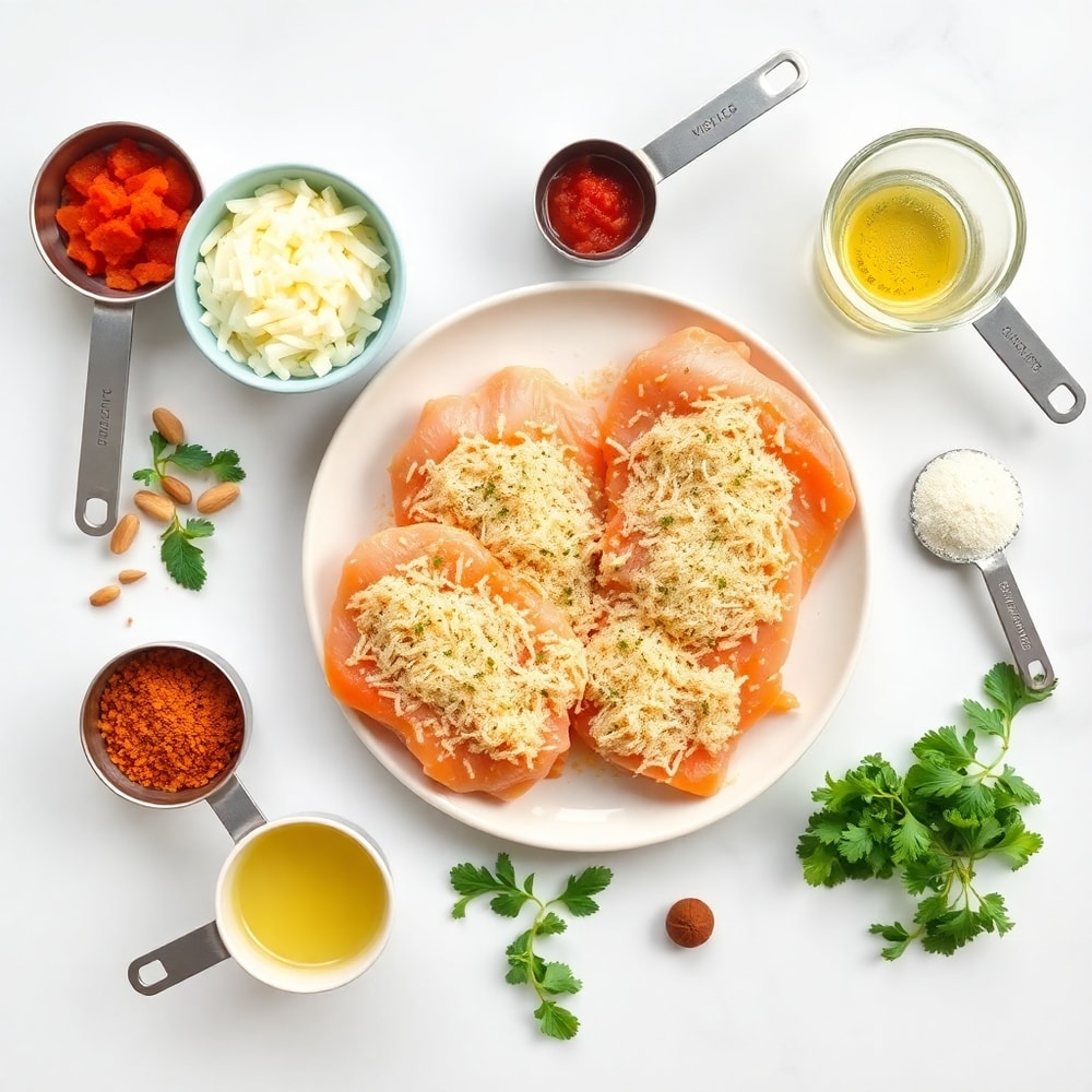 Raw ingredients for crispy baked chicken parmesan