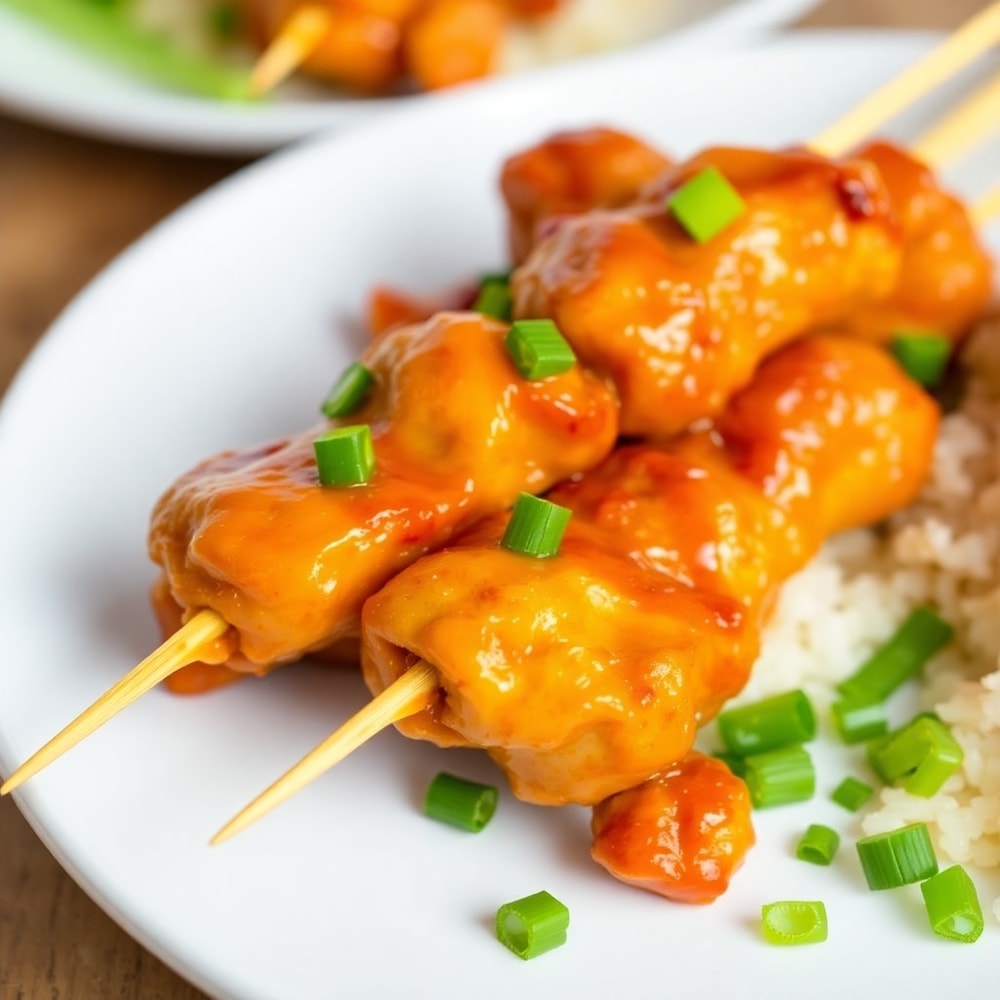 Plated Bang Bang Chicken Skewers with garnish