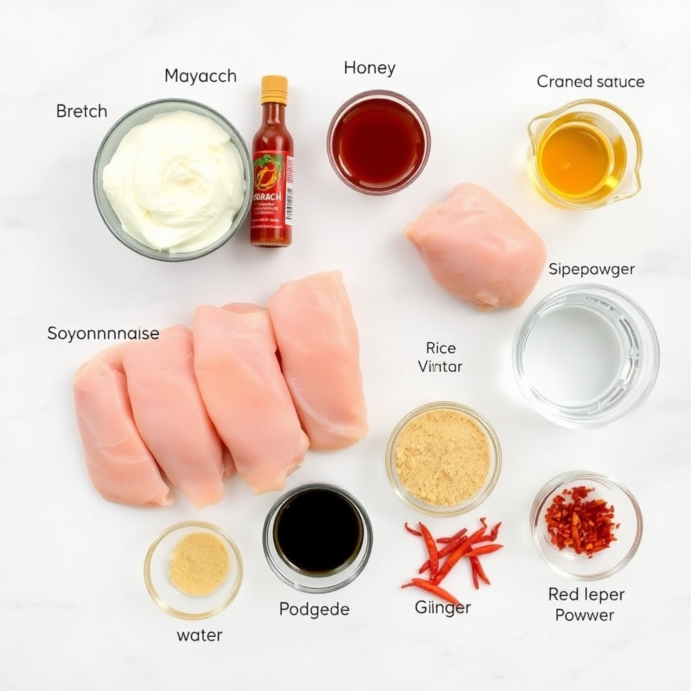 Raw ingredients for Bang Bang Chicken Skewers