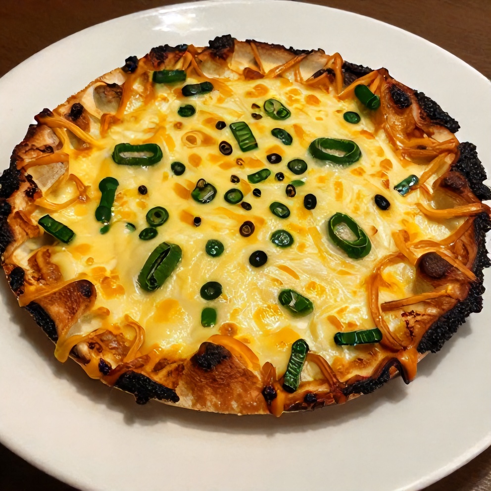 Close-up of crispy boat dip with melted cheese and green onions, served with tortilla chips