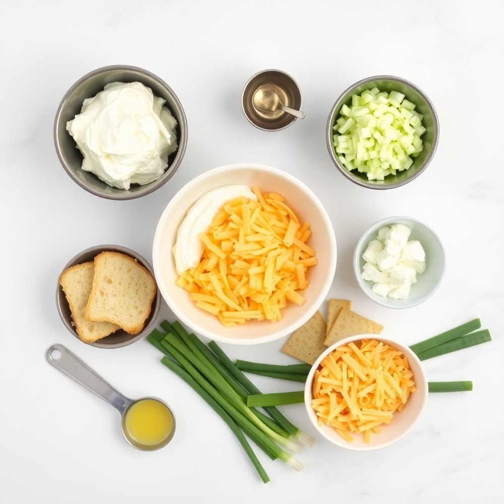 Raw ingredients for boat dip including bread bowl, cream cheese, sour cream, cheddar cheese, green onions, and garlic