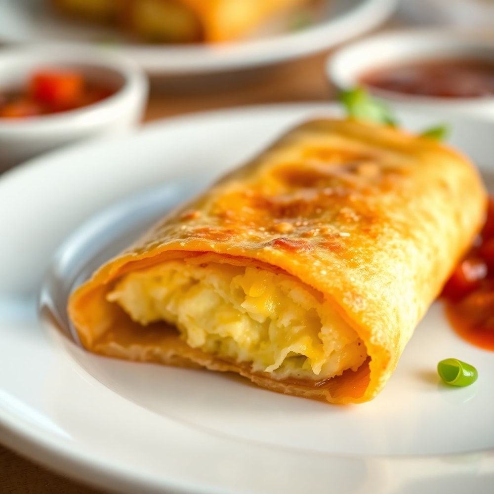 Plated breakfast egg roll with a side of salsa