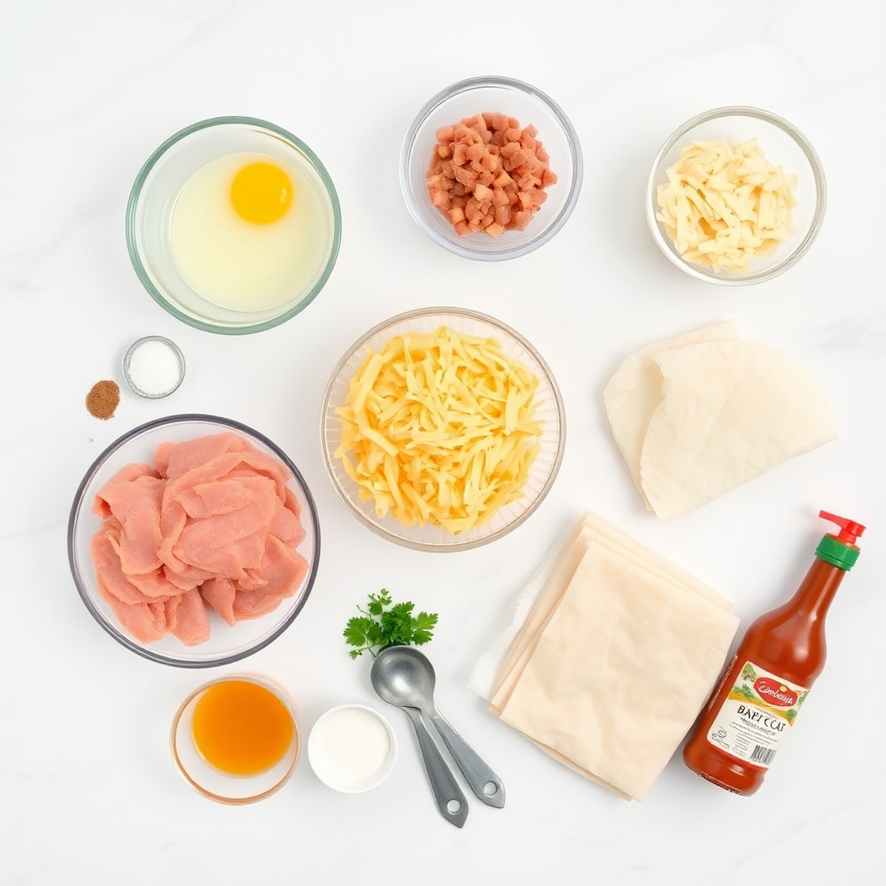 Raw ingredients for breakfast egg rolls on a marble surface