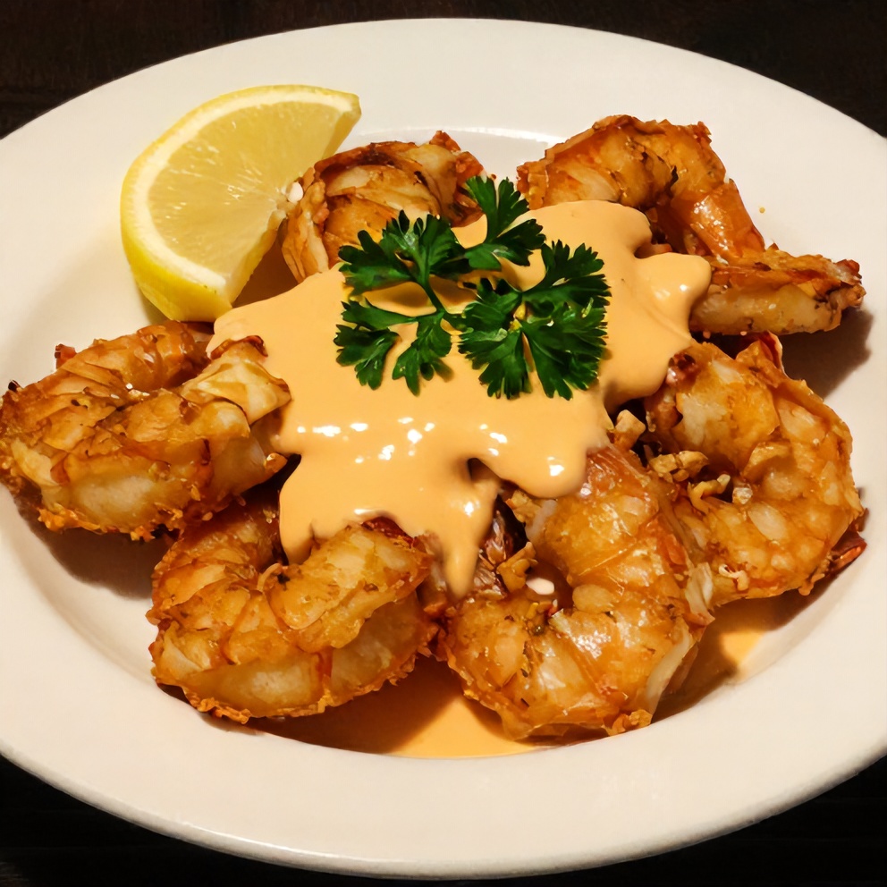 Plated Crispy Cajun Shrimp with Zesty Pale Orange Sauce