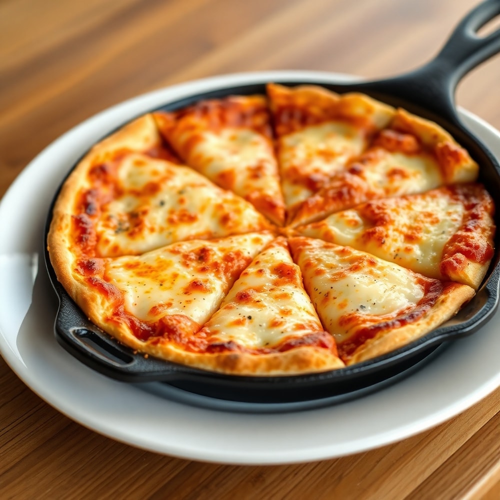 Close-up of crispy cast iron skillet pizza slice