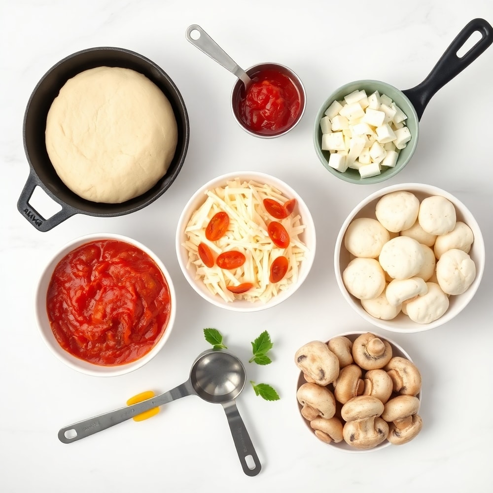 Cast Iron Skillet Pizza ingredients: dough, sauce, cheese, toppings