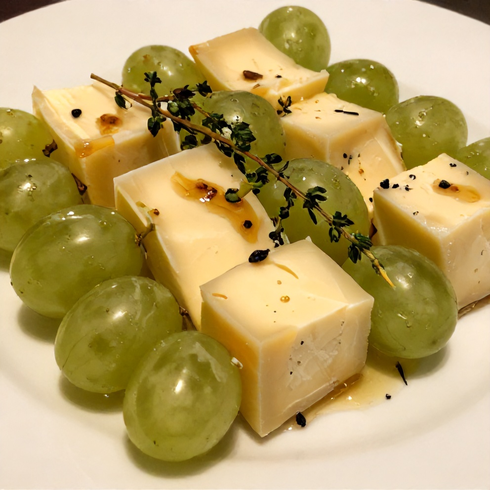 Plated cheese and grape skewers on a white plate