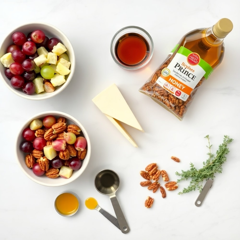 Raw ingredients for cheese and grape skewers on a marble surface
