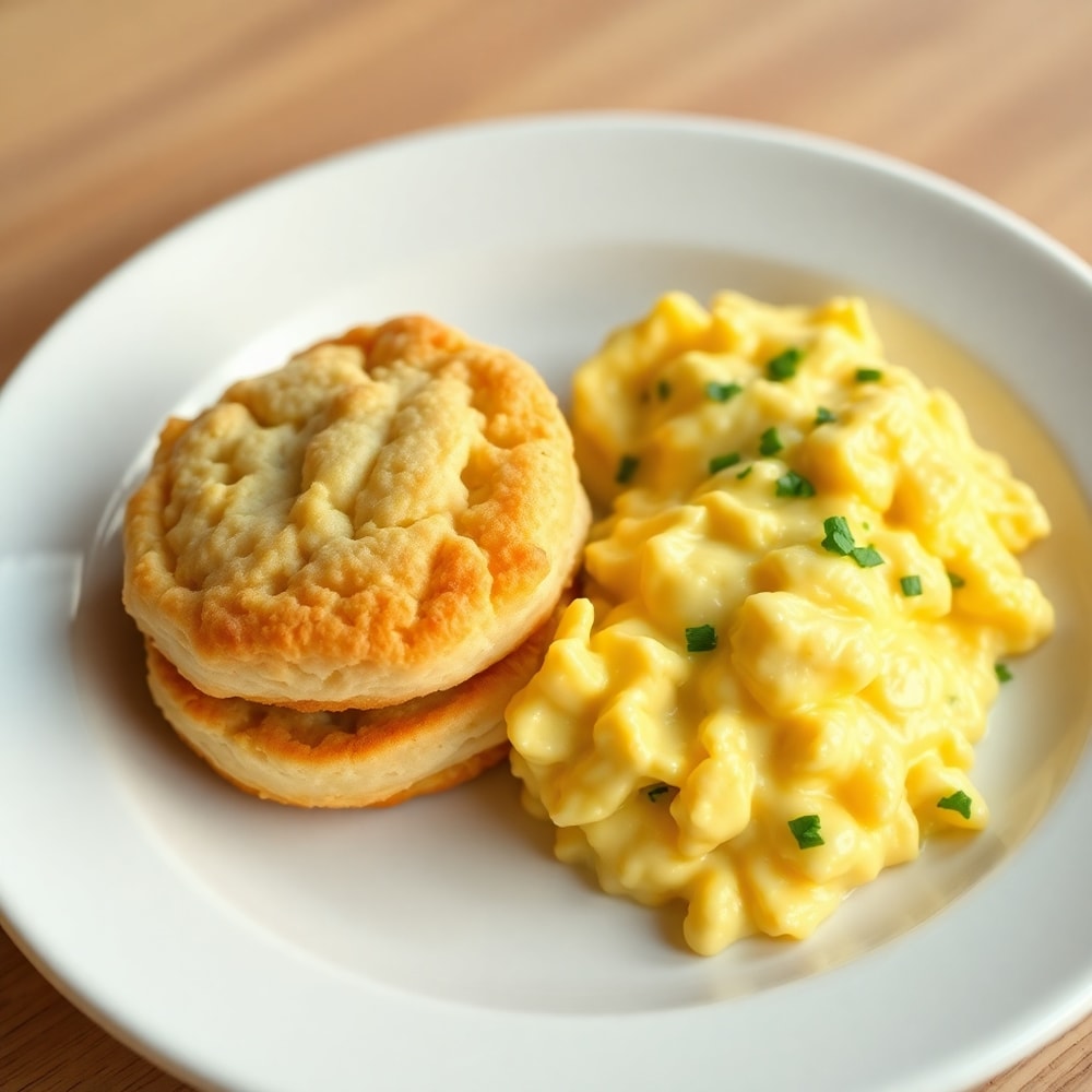 Plated serving of protein biscuits with a side of scrambled eggs