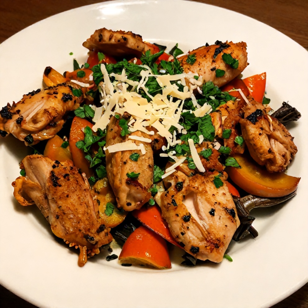 Plated serving of Crispy Chicken and Vegetable Skillet on a white plate