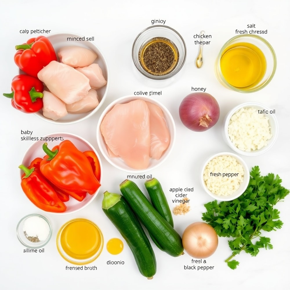 Raw ingredients for Chicken and Vegetable Skillet on a white marble surface