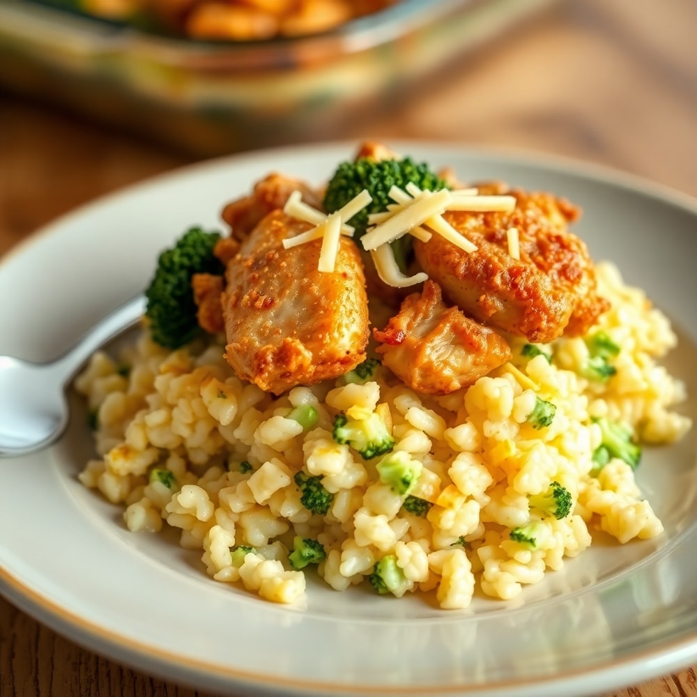 Crispy Chicken Broccoli Rice Casserole Served
