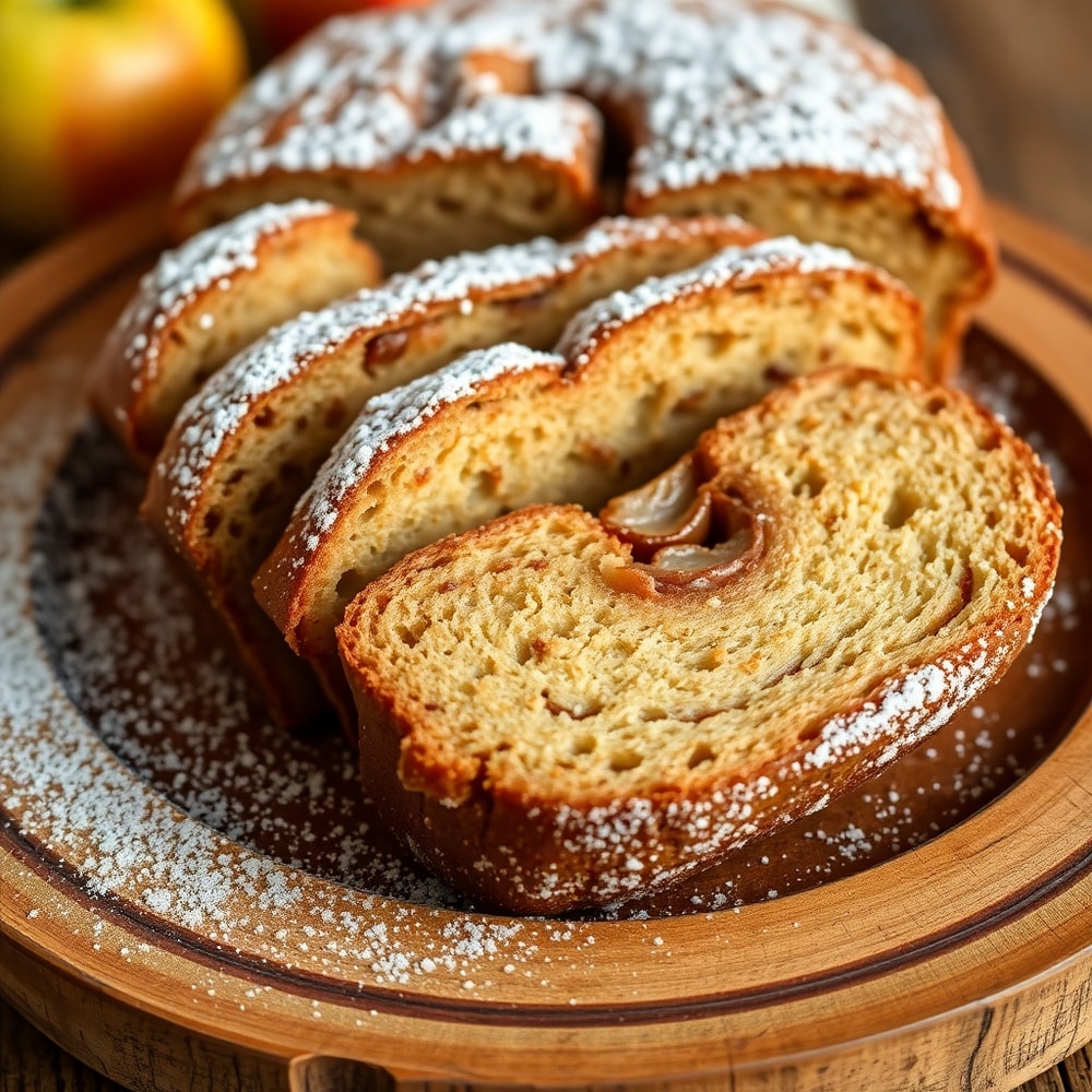 Sliced Cinnamon Apple Bread with a sprinkle of powdered sugar