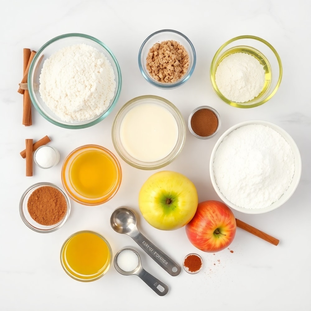 Raw ingredients for Cinnamon Apple Bread on a marble counter