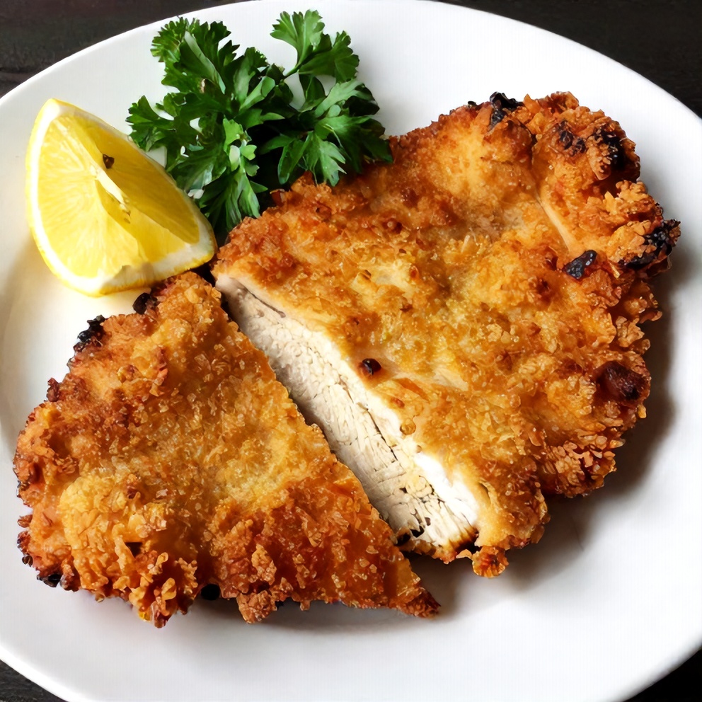 Plated Wiener Schnitzel with lemon wedge and parsley garnish