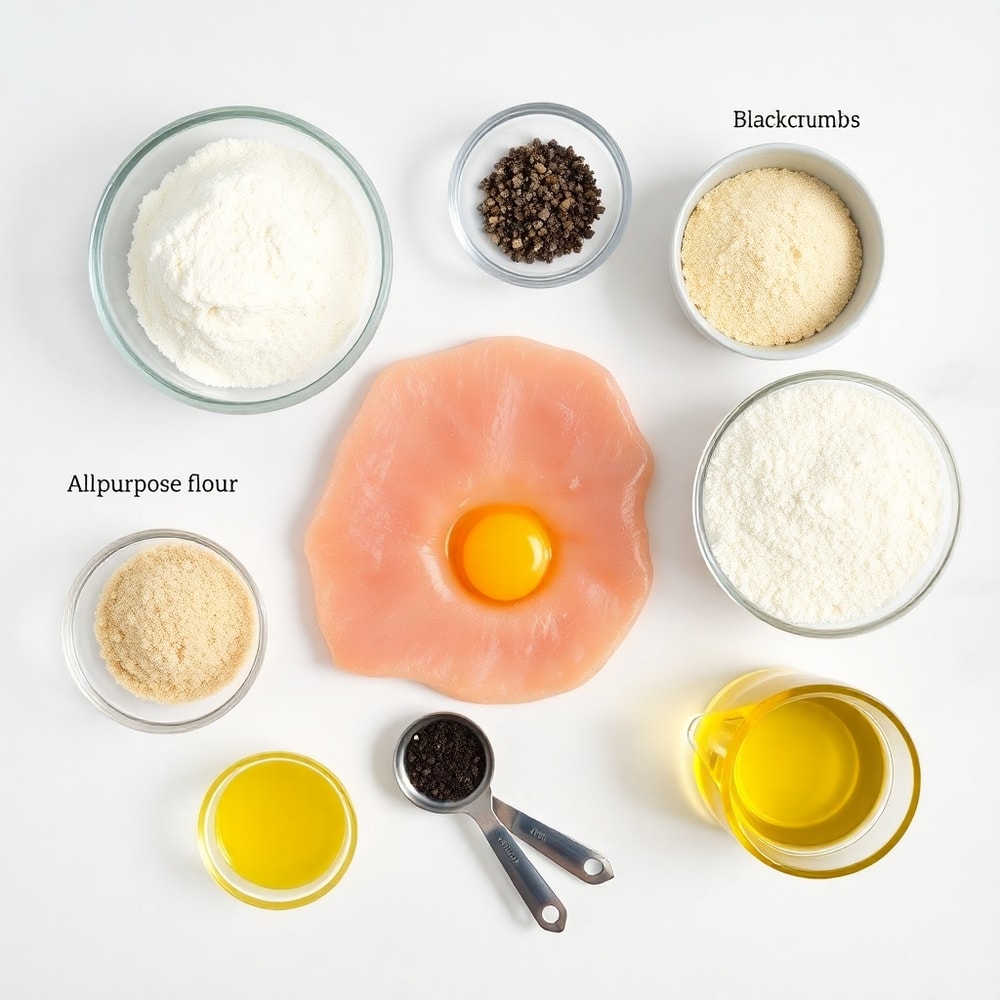 Raw ingredients for Wiener Schnitzel: veal cutlets, flour, eggs, breadcrumbs, salt, pepper, oil