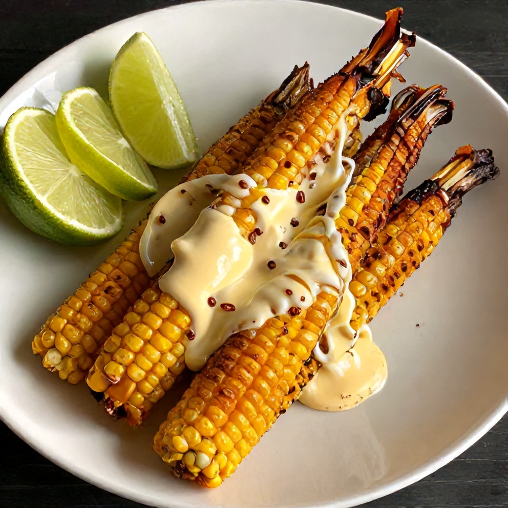 Plated corn on the cob with melted butter and lime wedges