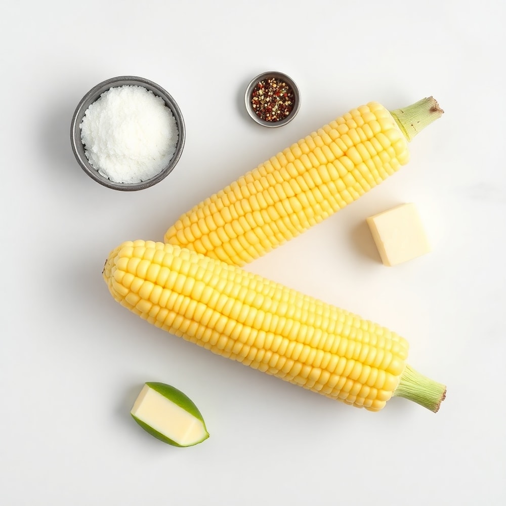 Raw corn on the cob, salt, pepper, butter, and lime on a marble surface
