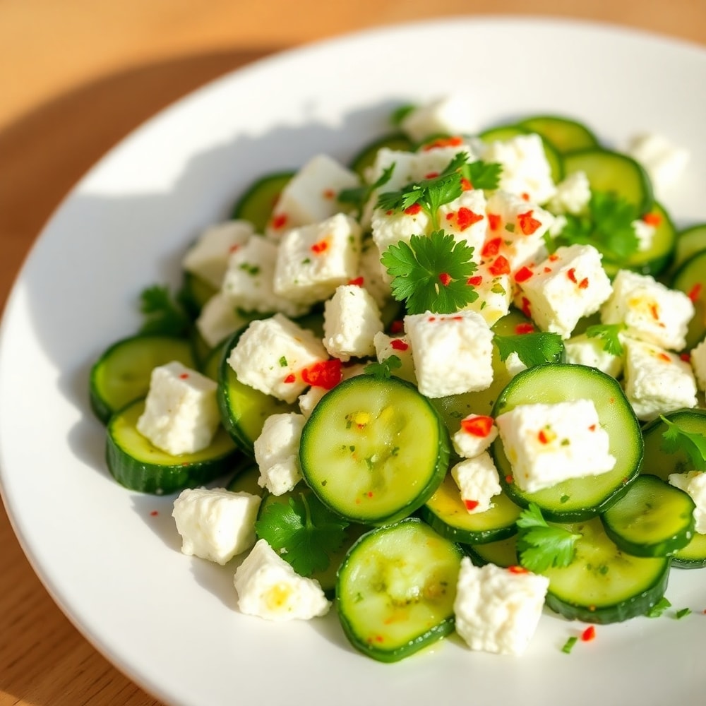 Plated serving of Crispy Cucumber Feta Salad on a white plate