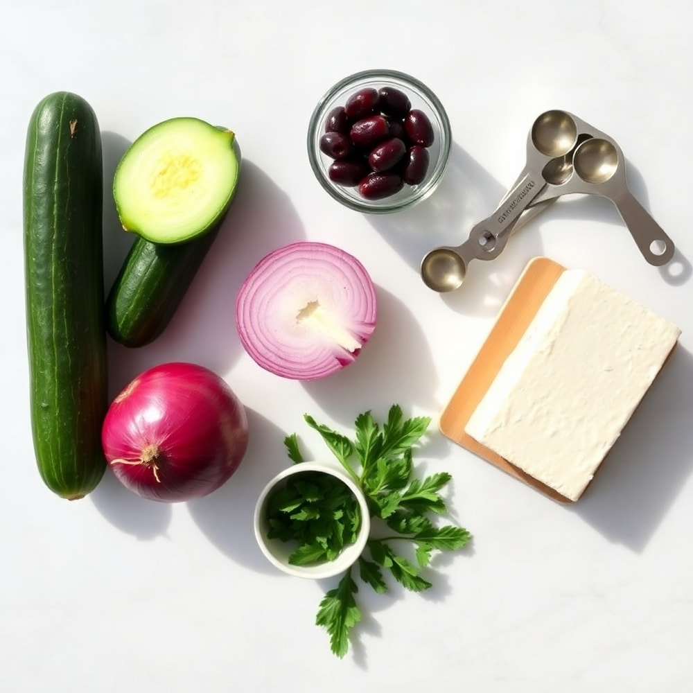 Raw ingredients for Crispy Cucumber Feta Salad including cucumbers, red onions, Kalamata olives, and feta cheese