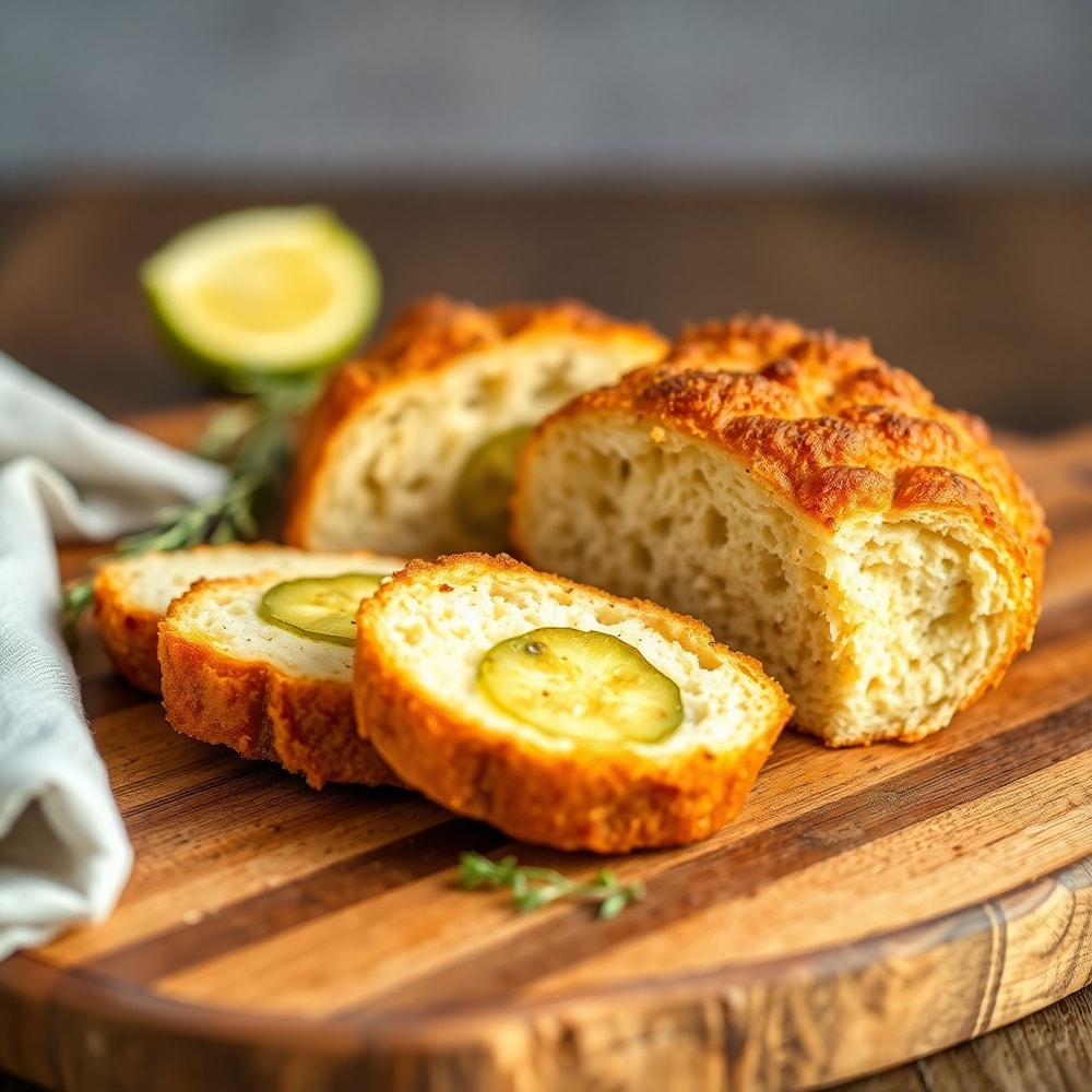 Crispy Dill Pickle Bread sliced and served on a plate