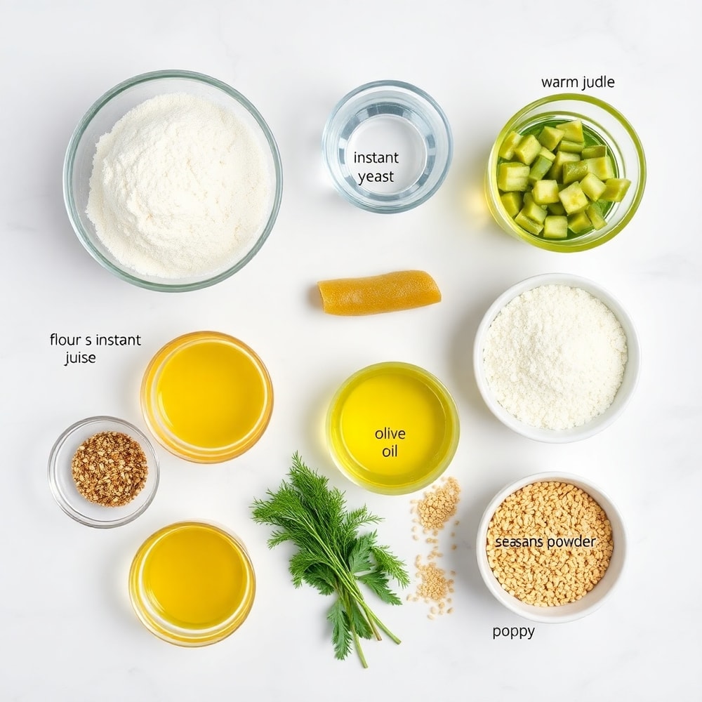 Dill pickle, flour, yeast, and other ingredients arranged on a marble counter