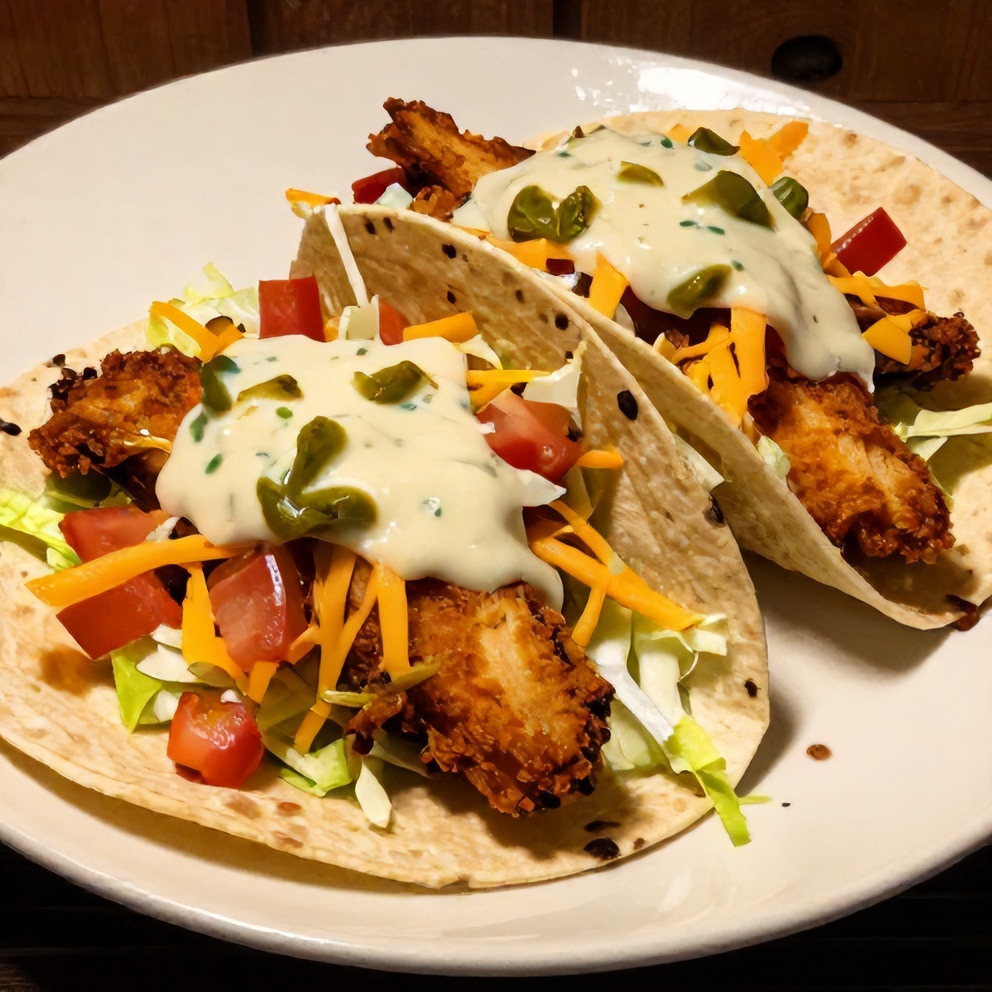 Plated Crispy Dill Pickle Smash Chicken Tacos