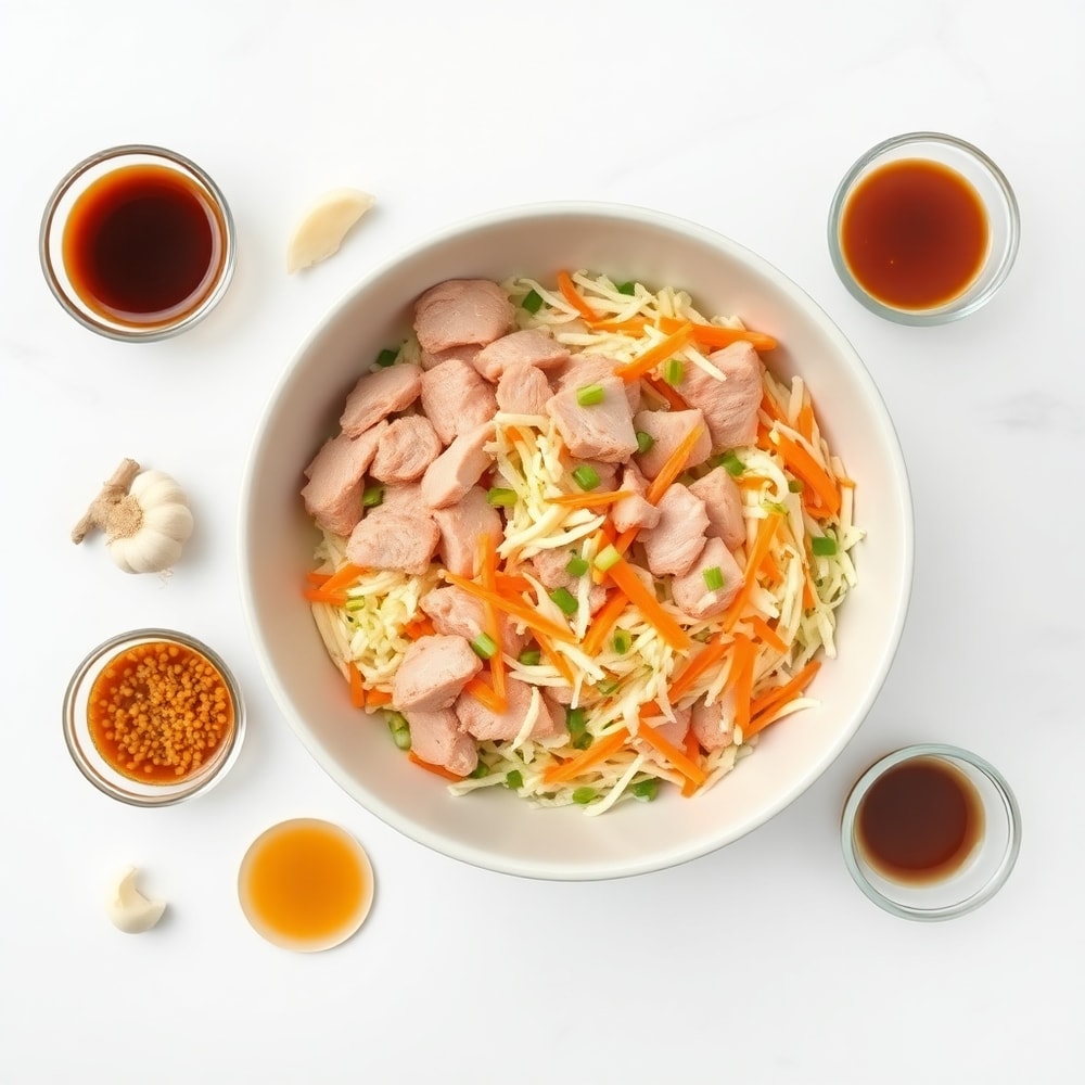 Overhead flat lay of raw ingredients: ground pork, coleslaw mix, shredded carrots, green onions, garlic, ginger, soy sauce, and sesame oil
