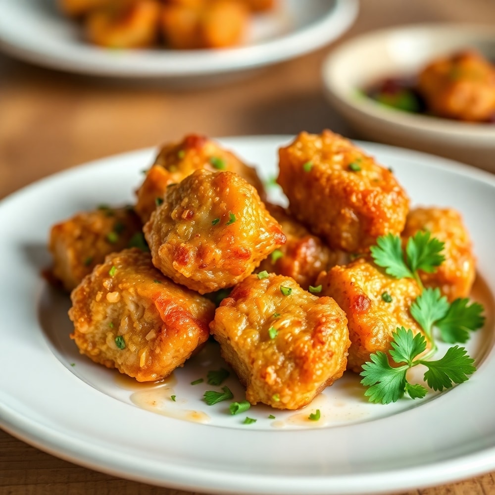Plated Crispy Garlic Pork Bites with fresh parsley