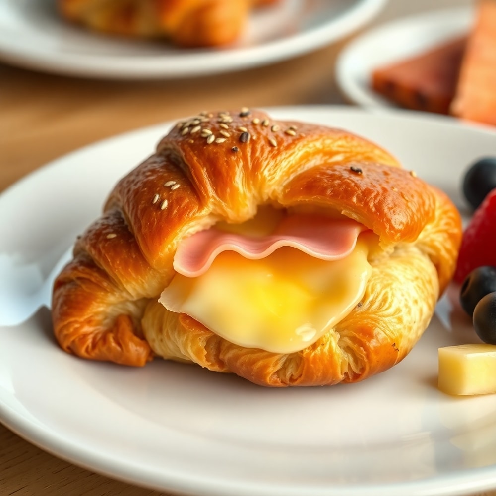 Plated ham and cheese croissant with a side of fresh fruit