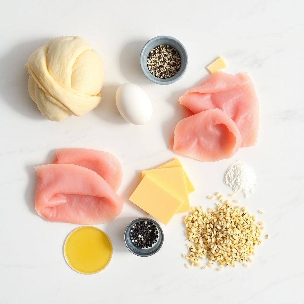 Ham, cheese, croissant dough, and other ingredients arranged on a wooden surface