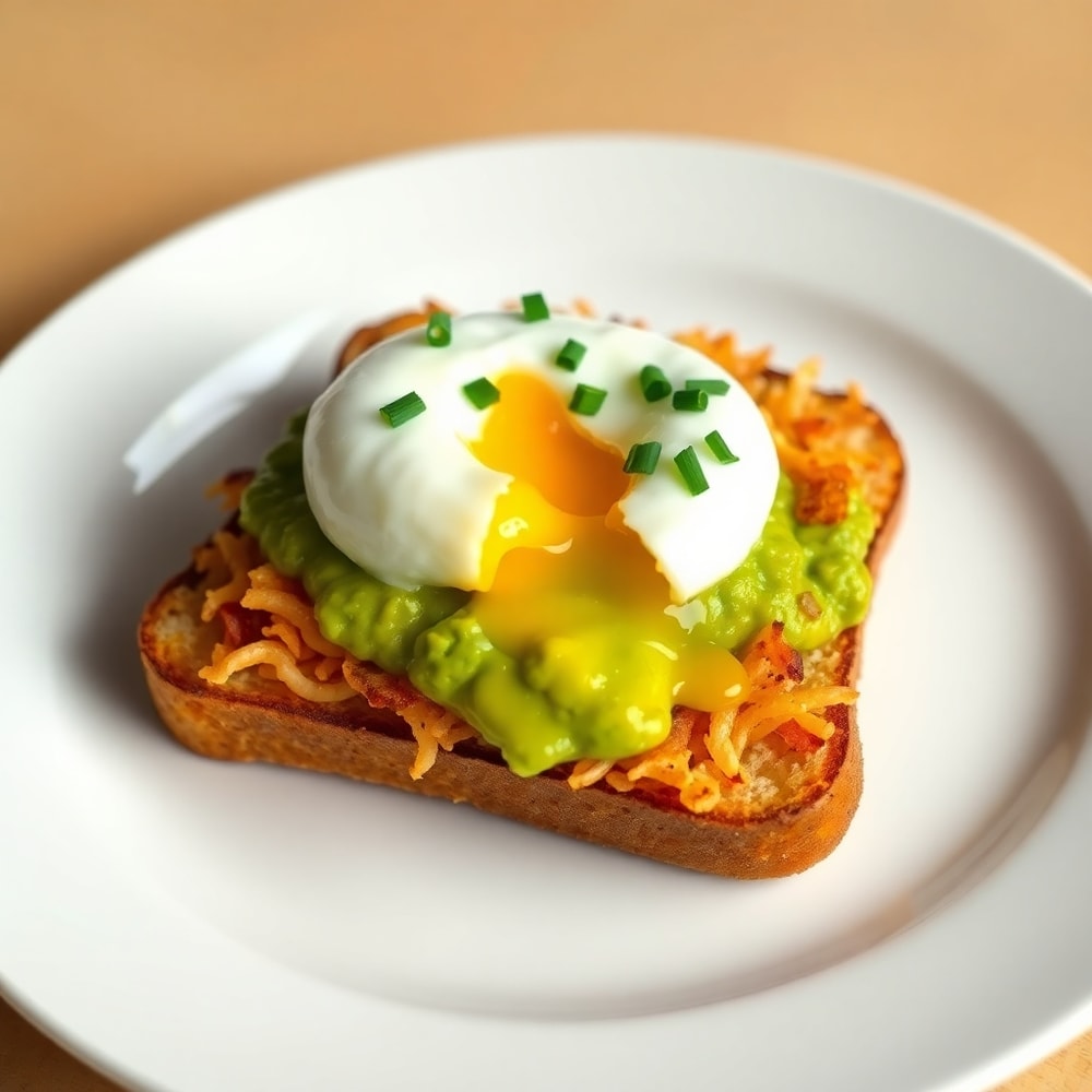 Plated hash brown avocado toast with a poached egg