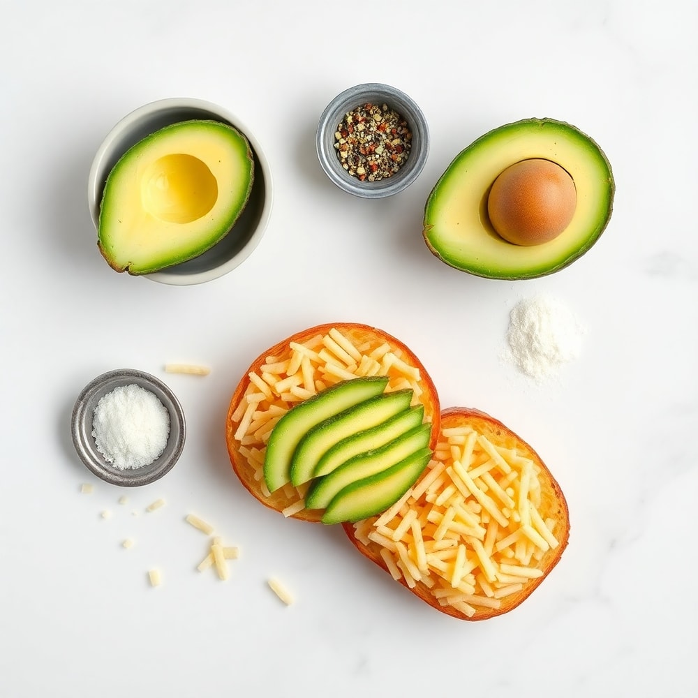 Raw ingredients for hash brown avocado toast on a marble surface