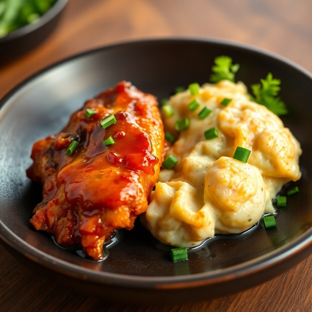 Plated Honey BBQ Chicken with Creamy Garlic Parmesan Potatoes