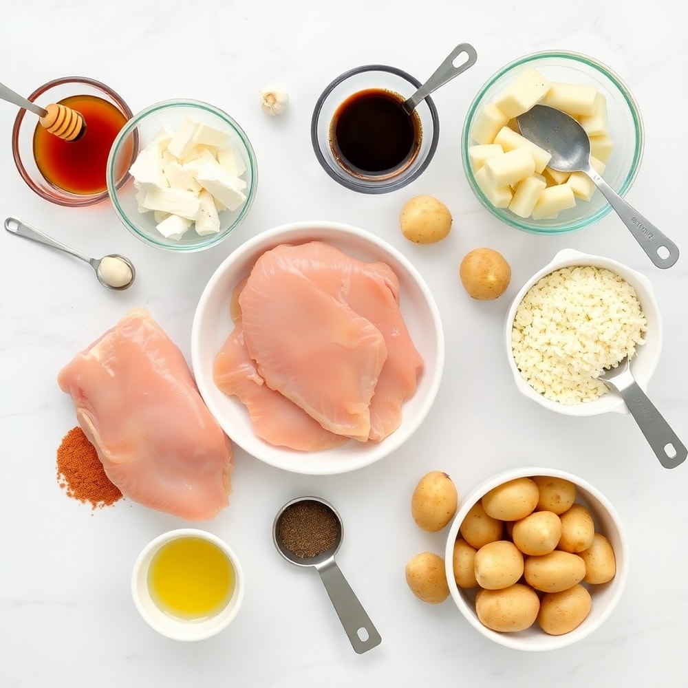 Raw ingredients for Honey BBQ Chicken and Creamy Garlic Parmesan Potatoes