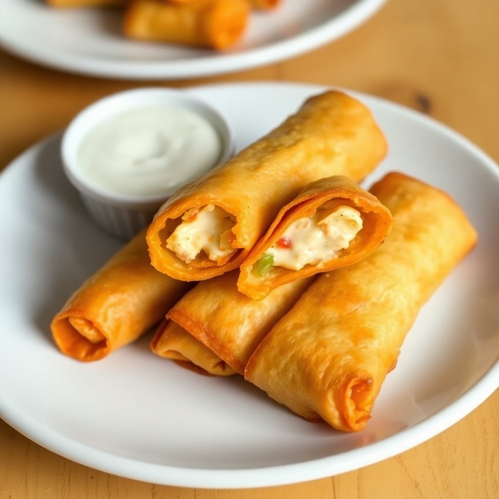 A plated serving of Jalapeno Popper Egg Rolls with a side of ranch dressing